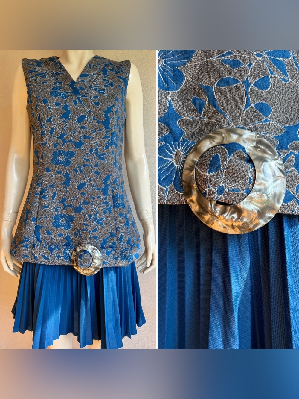 Vintage 1960s MOD DRESS Flower Power Print Mary Dobbs Pleated Hem Lucite Buckle